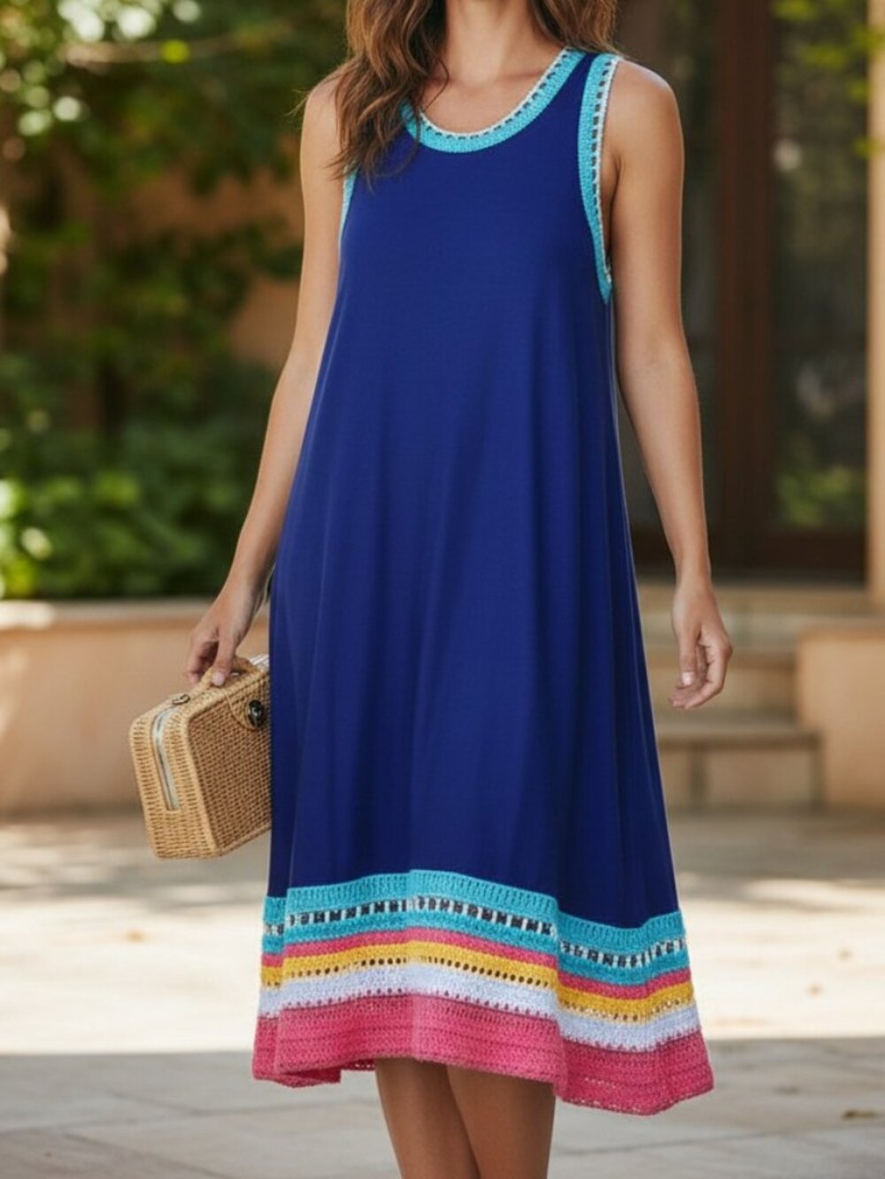 Anthropologie  Akemi & Kin "Swing"  Blue Crochet Trim Halter Shift Dress